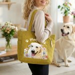 Personalised Birth Flower Pet Photo Large Capacity Corduroy Tote Bag with Name Multi-Compartment Travel Essential Birthday Gift for Women Pet Lovers