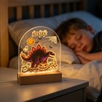 Veilleuse LED acrylique personnalisée Graffiti Dinosaur avec nom et socle en bois Décoration intérieure de la chambre d'enfant Cadeau d'Halloween pour les enfants