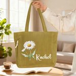 Bolso tote vintage de pana de gran capacidad con flor del mes de nacimiento personalizada y nombre; regalo de boda o cumpleaños para una amiga de la novia