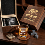 Personalized Dad Papa Bear Whiskey Glass 4 Stones Wooden Box Set with Text and Coaster Father's Day Birthday Gift for Dad Man