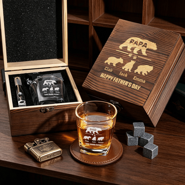Personalized Dad Papa Bear Whiskey Glass 4 Stones Wooden Box Set with Text and Coaster Father's Day Birthday Gift for Dad Man
