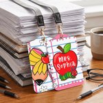 Personalised Bow Pencil Apple Crayon Notebook PU Leather ID Badge Holder with Text Back to School Teacher's Day Appreciation Gift for Teacher