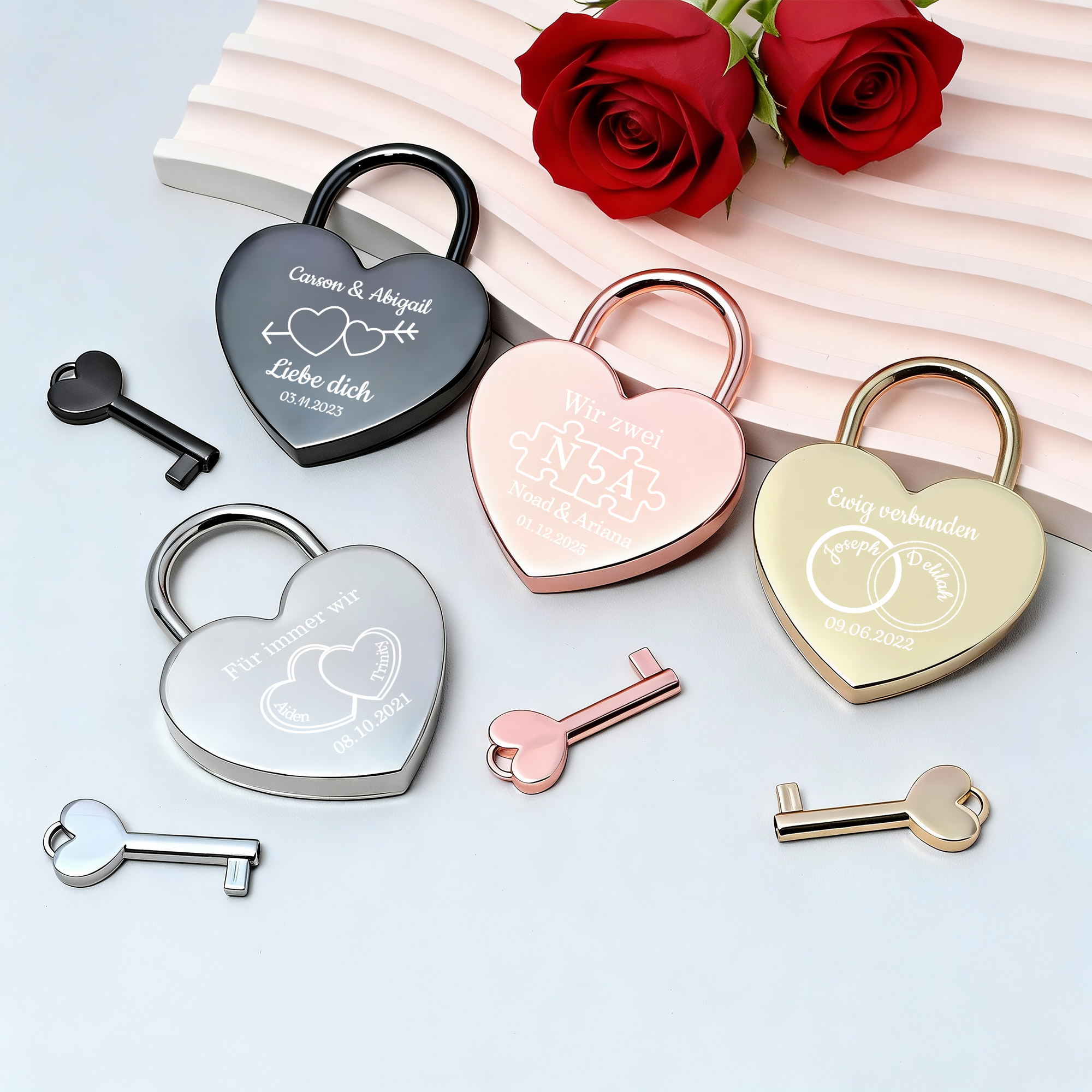 Personalisiertes herzförmiges Liebesschloss und Schlüssel Set mit Namen Text und Datum Gravur Valentinstag Jahrestag Geschenk für Paare