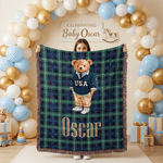 Personalized Plaid Cartoon Teddy Bear Soft Throw Blanket with Tassel and Name Baby Shower Christening Gift for New Parent