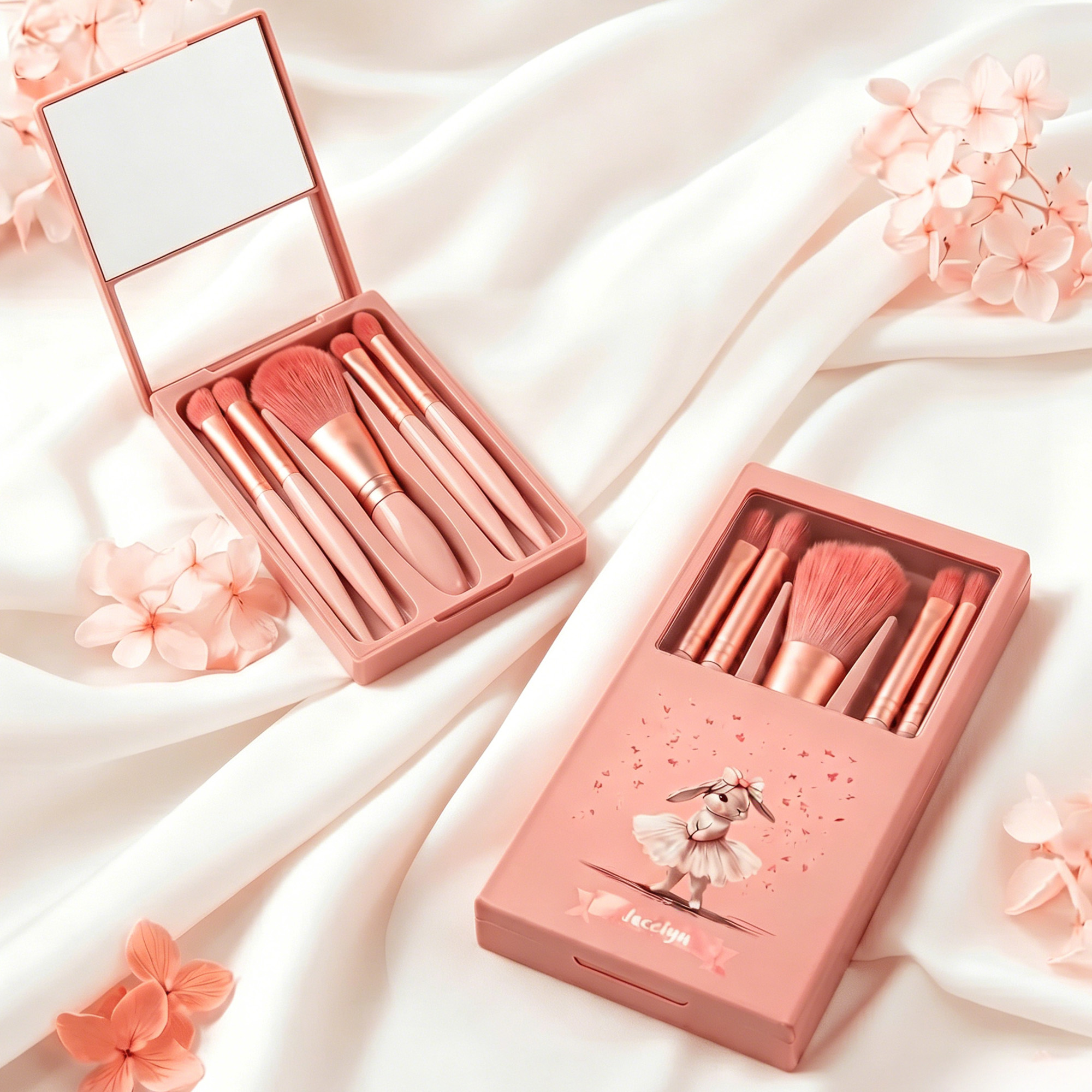 Personalisierte Ballett Bunny 5 Pcs Make-up Pinsel Box Set mit Namen und Spiegel Geburtstag Tanz Wettbewerb Geschenk für Ballett-Liebhaber