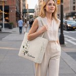 Personalized Birth Flower Large Capacity Corduroy Tote Bag with Name Daily Use Commuting Travel Birthday Gift for Women Office Workers