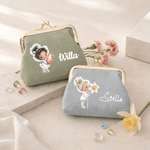 Personalized Birth Flower Birthstone Cartoon PU Leather Coin Purse with Kiss Lock and Name Daily Use Wedding Birthday Gift for Woman Girl Friend