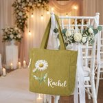 Bolso tote vintage de pana de gran capacidad con flor del mes de nacimiento personalizada y nombre; regalo de boda o cumpleaños para una amiga de la novia