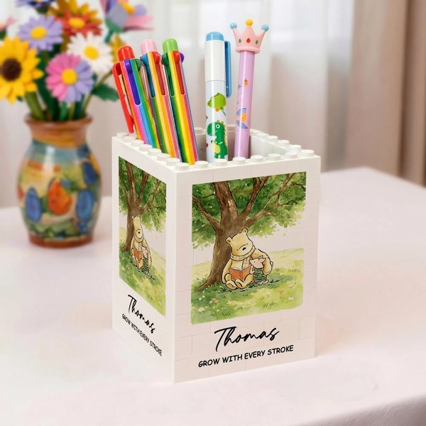 Personalized Building Blocks Brick Classic Winnie the Pooh Large Capacity Pencil Holder Desk Decor Back to School Birthday Gift for Children