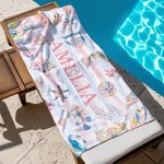 Personlig akvarell randig marina liv mikrofiber strandhandduk med namn och dragsko påse födelsedag sommar semestergåva för barn familj