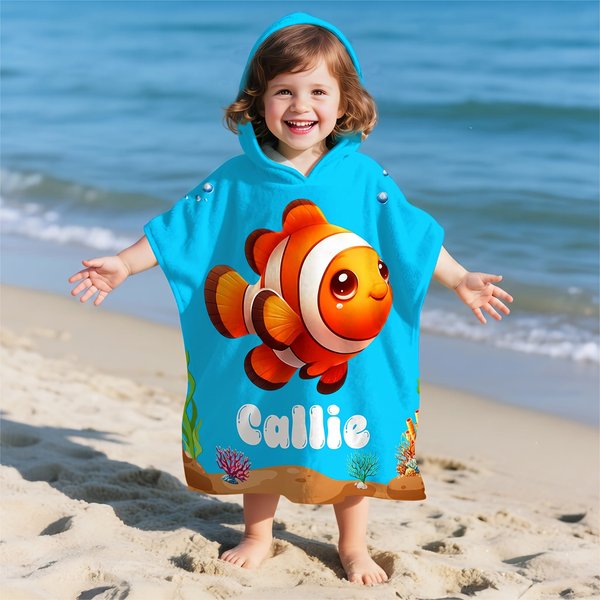 Telo mare con cappuccio personalizzato con animali marini e nome, ad asciugatura rapida, essenziale per vacanze - Regalo per bambini