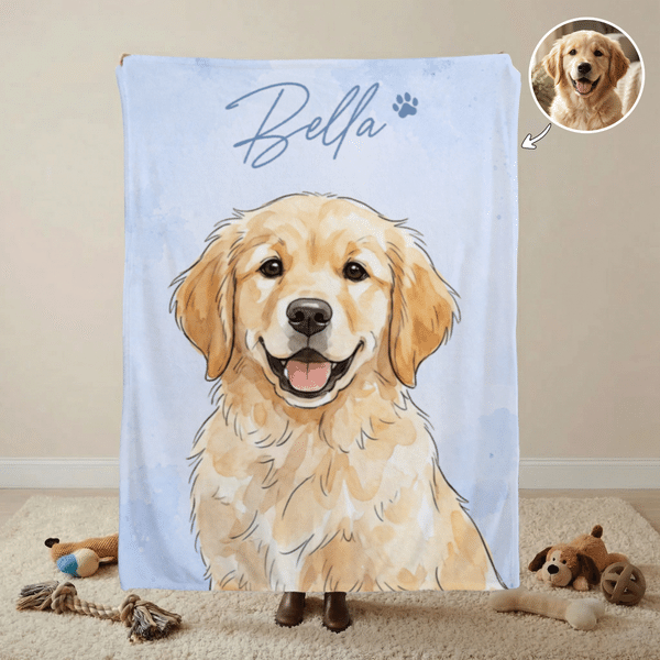 Coperta personalizzata acquerellata con foto dell'animale domestico multicolore con nome Regalo commemorativo di simpatia per l'amante degli animali domestici