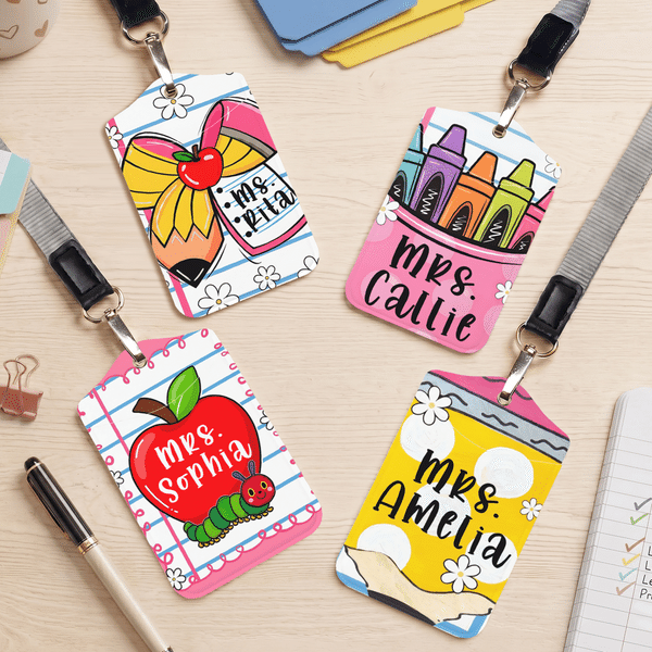 Personalised Bow Pencil Apple Crayon Notebook PU Leather ID Badge Holder with Text Back to School Teacher's Day Appreciation Gift for Teacher