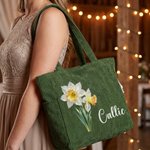 Bolso tote vintage de pana de gran capacidad con flor del mes de nacimiento personalizada y nombre; regalo de boda o cumpleaños para una amiga de la novia