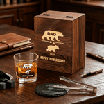 Personalized Dad Papa Bear Whiskey Glass 4 Stones Wooden Box Set with Text and Coaster Father's Day Birthday Gift for Dad Man