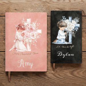 Personalised Cartoon Praying Kid Flower Cross Bible A5 A6 Notebook with Name and Text Inspirational Birthday Gift for Kids Christians