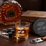 Personalized Dad Papa Bear Whiskey Glass 4 Stones Wooden Box Set with Text and Coaster Father's Day Birthday Gift for Dad Man