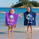 Telo mare con cappuccio personalizzato con animali marini e nome, ad asciugatura rapida, essenziale per vacanze - Regalo per bambini