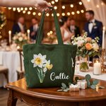 Bolso tote vintage de pana de gran capacidad con flor del mes de nacimiento personalizada y nombre; regalo de boda o cumpleaños para una amiga de la novia