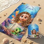 Telo mare personalizzato con nome e personaggio animato 3D, microfibra, borsa con lacci a scelta - Regalo per estate al mare per famiglia