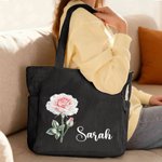 Bolso tote vintage de pana de gran capacidad con flor del mes de nacimiento personalizada y nombre; regalo de boda o cumpleaños para una amiga de la novia