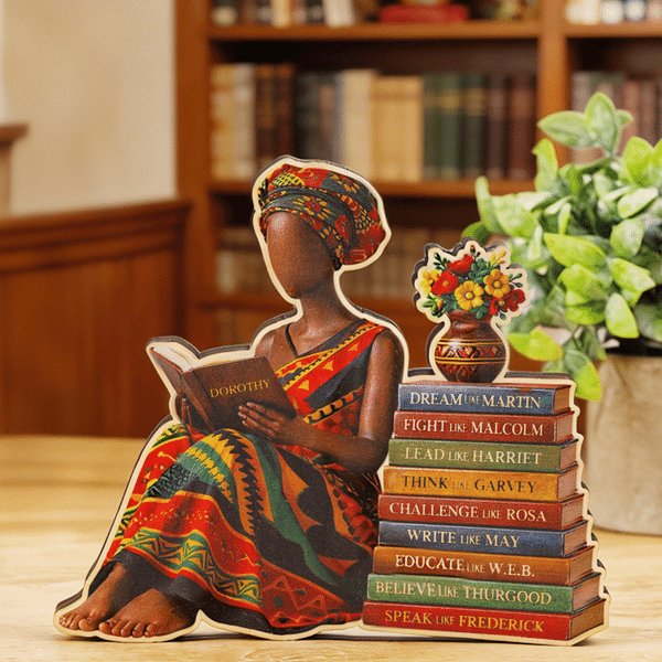 Personalised African American Reading Woman Wooden Ornament with Name Home Decor Afrocentric Gift for Women Bookworms Book Lovers