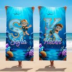 Telo mare personalizzato con nome e iniziale, tema piccolo diver, morbido e assorbente, ideale per mare - Regalo estivo per bambini