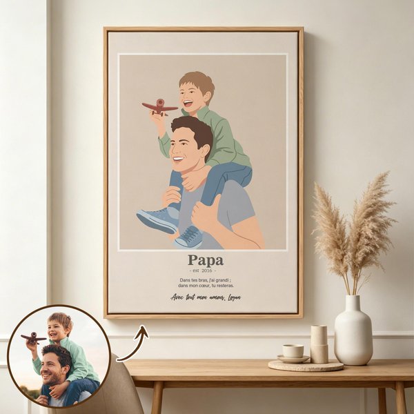 Toile personnalisées avec photo nom et texte - Dessinée à la main style animation minimaliste - Cadeau de fête des Pères pour papa