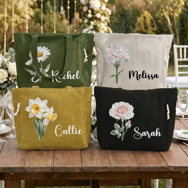 Sac fourre-tout vintage en velours côtelé, grande contenance, personnalisé avec la fleur de naissance et le prénom – Cadeau de mariage ou d'anniversaire pour une amie mariée