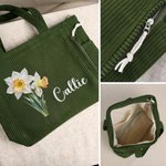 Bolso tote vintage de pana de gran capacidad con flor del mes de nacimiento personalizada y nombre; regalo de boda o cumpleaños para una amiga de la novia