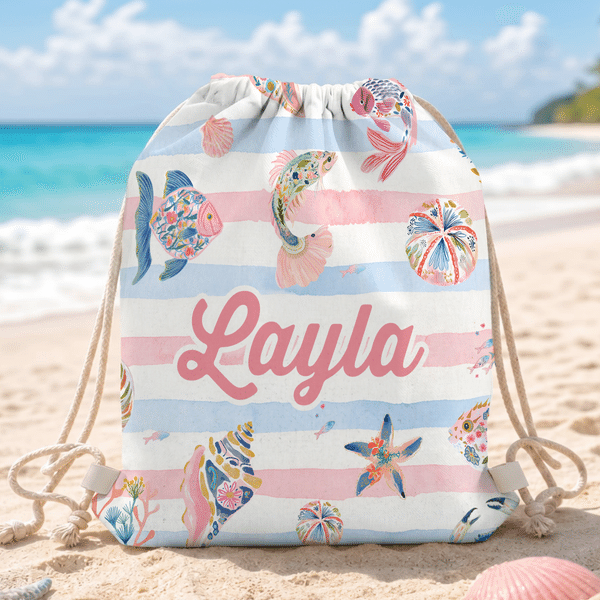Personalised Watercolour Style Striped Marine Lives Microfiber Drawstring Bag with Name Travel Beach Use Birthday Summer Holiday Gift for Kids Family