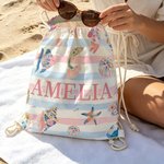 Personifierad Akvarellstil Randig Marine Lives Mikrofiber Dragsko Väska med Namn Resa Strand Användning Födelsedag Sommar Semester Present för Barn Familj