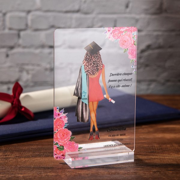 Plaque en acrylique personnalisée avec portrait et texte de remise des diplômes - Cadeau de félicitations pour les diplômés