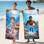 Telo mare personalizzato con nome e personaggio animato 3D, microfibra, borsa con lacci a scelta - Regalo per estate al mare per famiglia