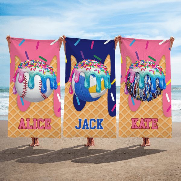 Gepersonaliseerd Ice Cream Dripping Sports Quick Dry oversized strandlaken met naam Travel Essentials Verjaardagscadeau voor sportliefhebbers