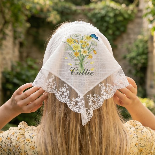 Personalized Birth Flower Butterfly Cottagecore Head Scarf with Name Picnic Daily Use Birthday Gift for Woman