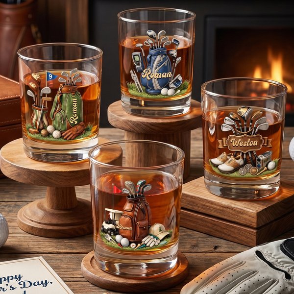Personalized Golf Ball Set 10 oz Rock Whiskey Glass with Name Father's Day Birthday Gift for Golf Lovers Whiskey Drinkers