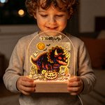 Veilleuse LED acrylique personnalisée Graffiti Dinosaur avec nom et socle en bois Décoration intérieure de la chambre d'enfant Cadeau d'Halloween pour les enfants