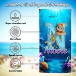 Gepersonaliseerd strandlaken met cartoon duikfiguur initiaal en naam zacht sneldrogend voor vakantie strand zwembad verjaardagscadeau voor kinderen