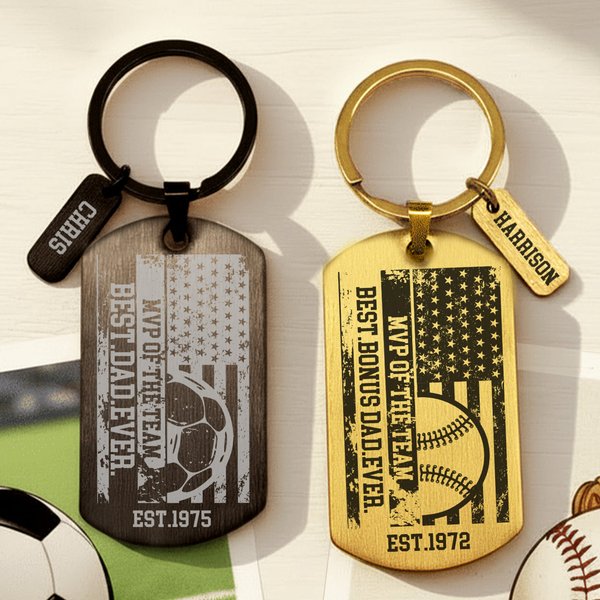 Personalised Soccer Basketball Sport National Flag Keychain with Title and Name Father's Day Game Day Gift for Dad Husband Grandpa