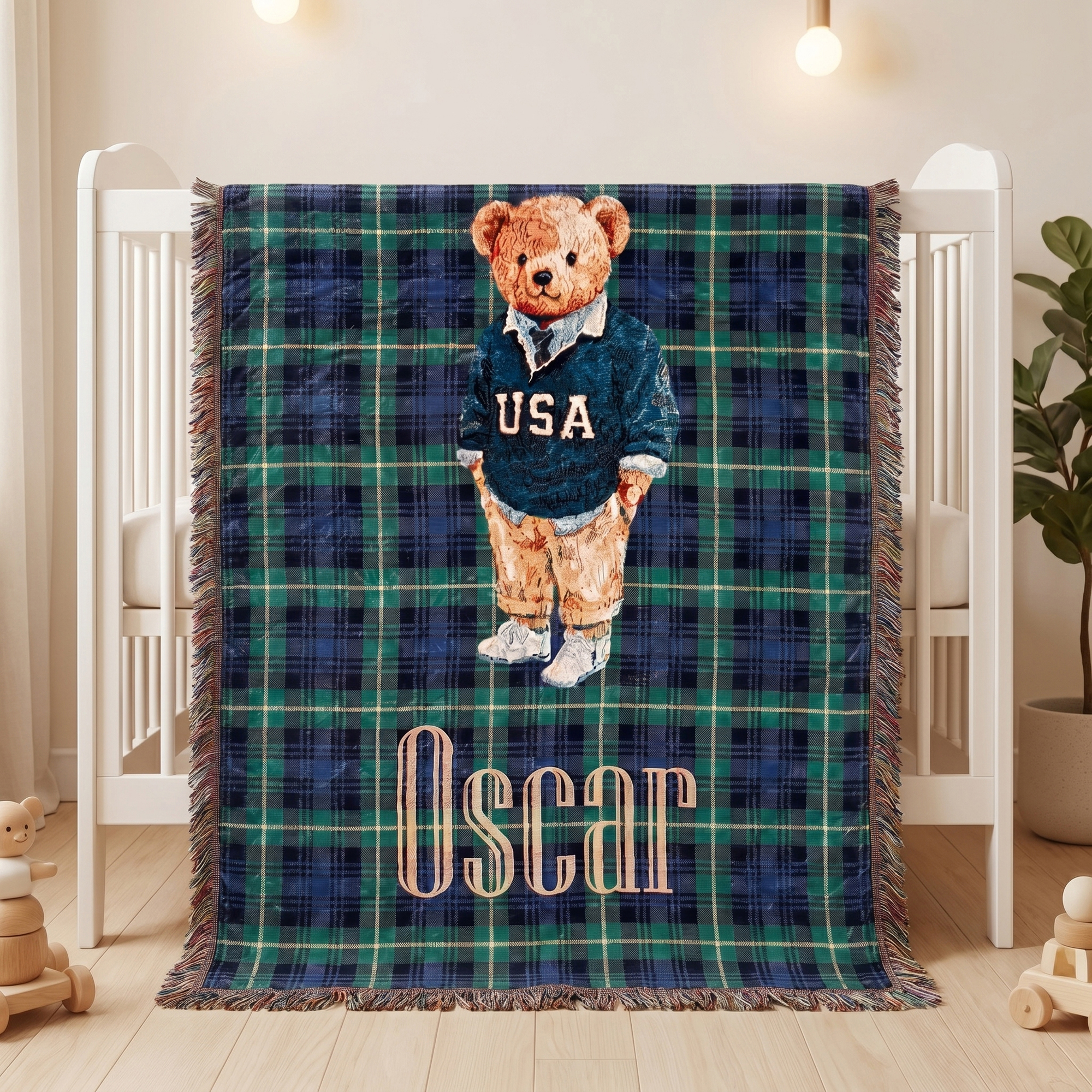 Personalized Plaid Cartoon Teddy Bear Soft Throw Blanket with Tassel and Name Baby Shower Christening Gift for New Parent