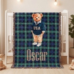 Personalized Plaid Cartoon Teddy Bear Soft Throw Blanket with Tassel and Name Baby Shower Christening Gift for New Parent