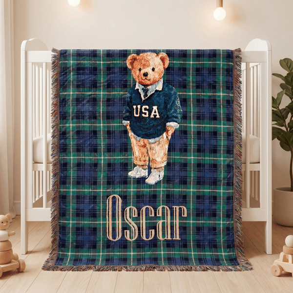 Personalized Plaid Cartoon Teddy Bear Soft Throw Blanket with Tassel and Name Baby Shower Christening Gift for New Parent