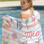 Personlig akvarell randig marina liv mikrofiber strandhandduk med namn och dragsko påse födelsedag sommar semestergåva för barn familj