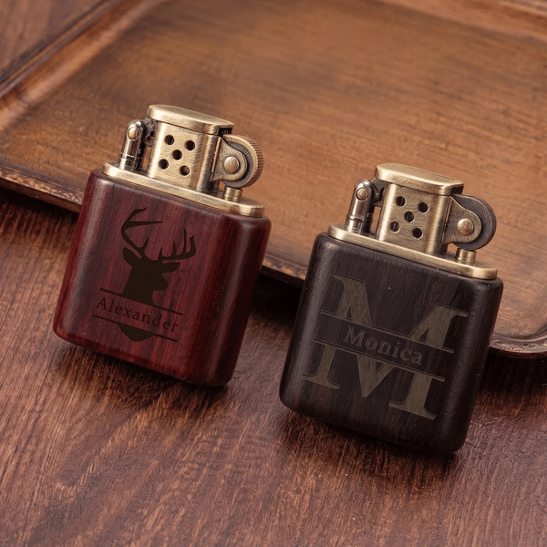 Personalized Engraved Monogram Sandalwood Lighter Kit with Initial Name and Box Daily Use Wedding Birthday Gift for Men Groomsmen