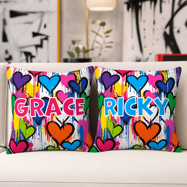 Housse de coussin décorative personnalisée style graffiti avec prénom – Décoration d'intérieur, usage quotidien, cadeau d'anniversaire pour adolescents et enfants