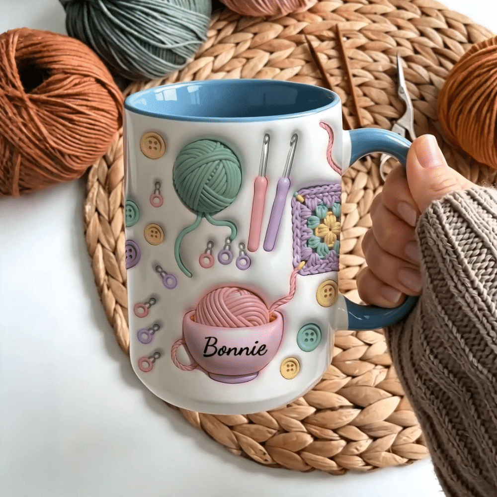 Personalised Yarn Crochet Hook Scissors Knitted Pattern Ceramic Mug with Coaster and Name Birthday Anniversary Gift for Women Knitting Lover 3