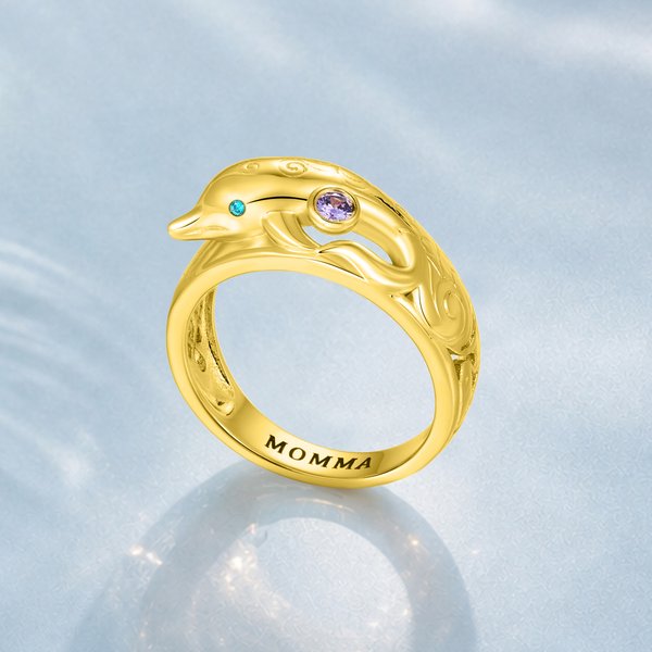 Personalised Dolphin Birthstone Sterling Silver Ring with Engraved Text Dainty Jewellery Birthday Anniversary Gift for Women