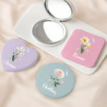 Personalised Birth Flower Compact Heart Round Square Makeup Mirror with Name Birthday Anniversary Gift for Women