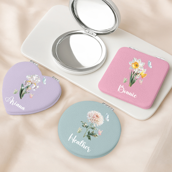 Personalisierter Make-up-Spiegel in Herz-, runder oder quadratischer Form mit Geburtsblume und Namen – Geschenk zum Geburtstag oder Jubiläum für Frauen